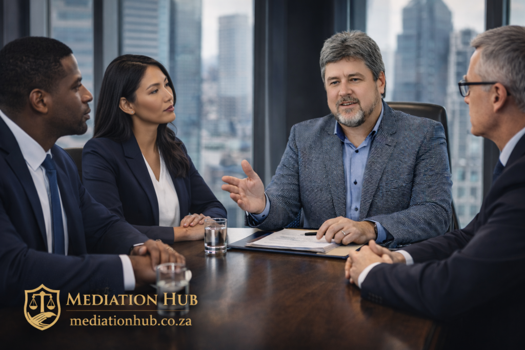 A mediator facilitating a commercial discussion between business representatives