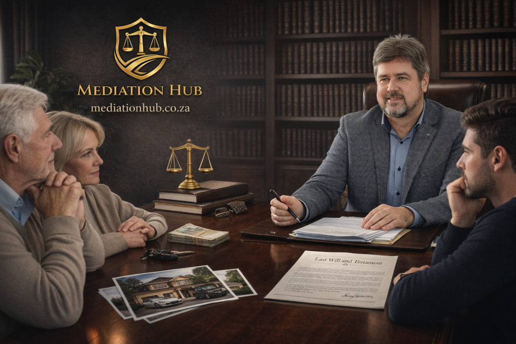 A mediator guiding family members through an estate dispute discussion