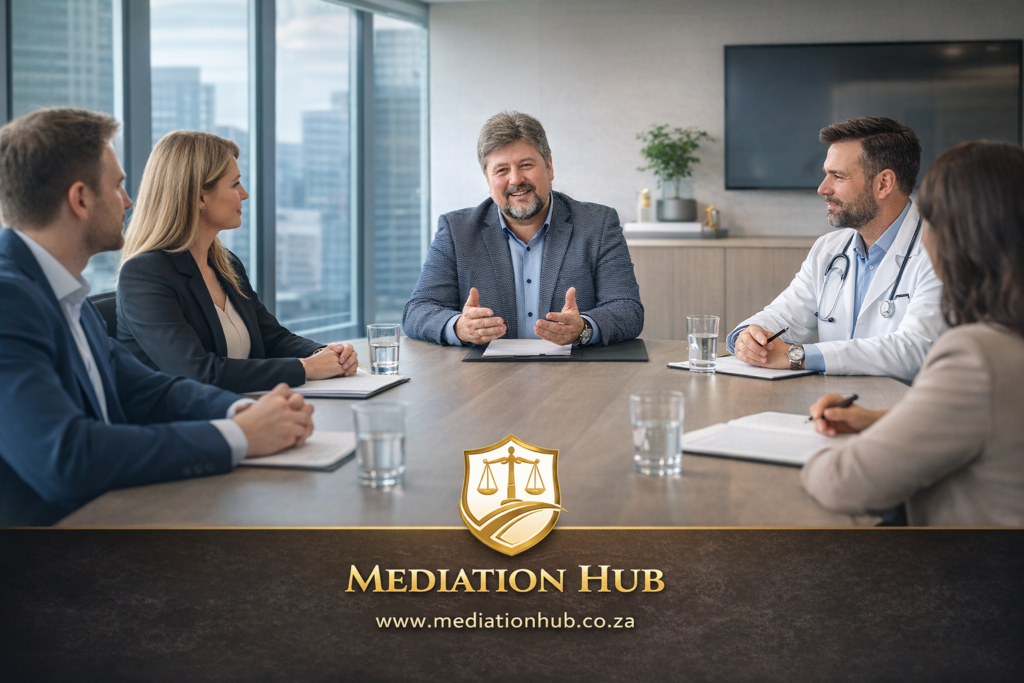 A mediator facilitating a discussion between medical professionals and participants