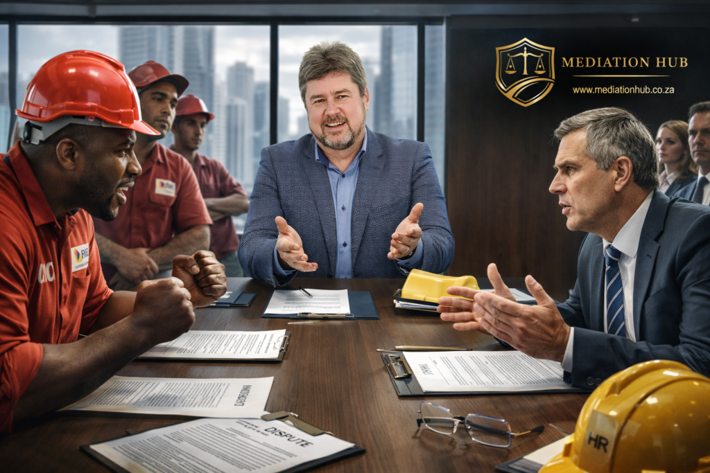 A mediator guiding an employer and employees through a workplace dispute
